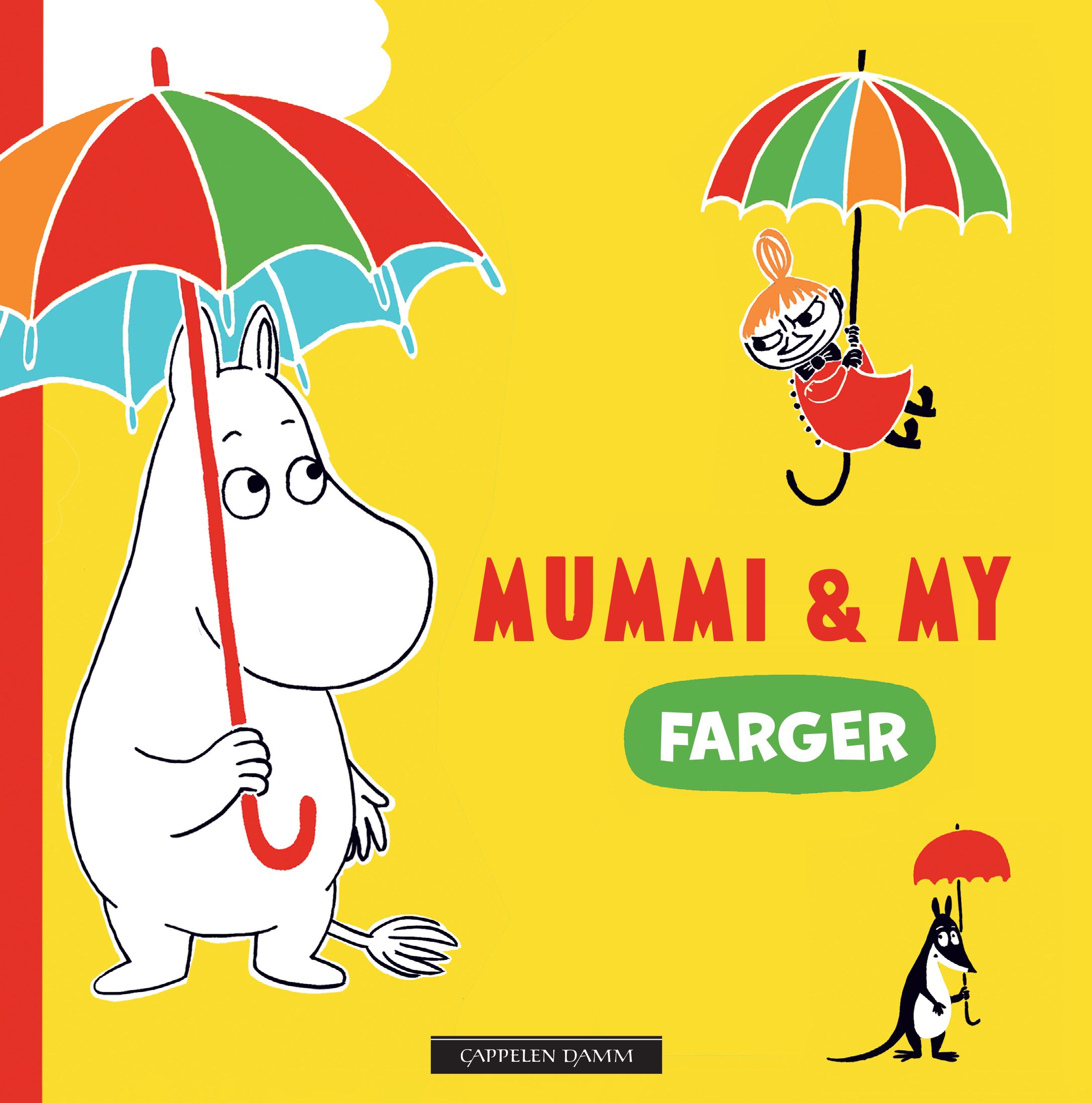 En gul backgrunn med mummi og vennene hans som går med paraplyer, Bok tittel: Mummi & My Farger